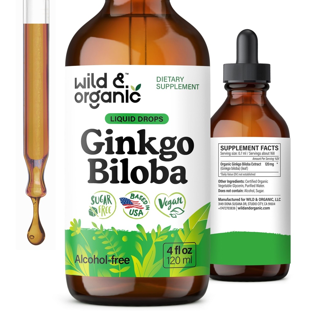 Wild & Organic Ginkgo Biloba Extract Drops - Brain & Focus Support - Liquid Ginkgo Biloba Supplements - Vegan, Sugar & Alkoholfri Herbal Tincture - 4 fl oz