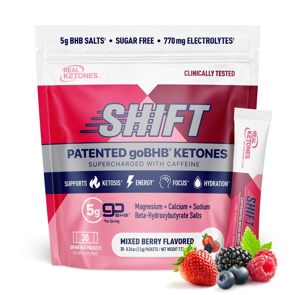 Real Ketones BHB Exogena Ketones Drink Mix Packets Keto Electrolytes Powder Packets No Sugar med 4 Huvud Fasting Electrolytes Plus Hydrating Patented Keto BHB - 30 Count Mixed Berry Caffeine