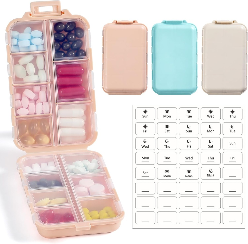 3 Pack, 14 GRIDS Travel Pill Organizer Box med etiketter - Travel Medicine Case Kit - Pocket Daily Pharmacy Container - Travel Medication Holder Dispenser för Fish Oil Vitamin Supplement Storage