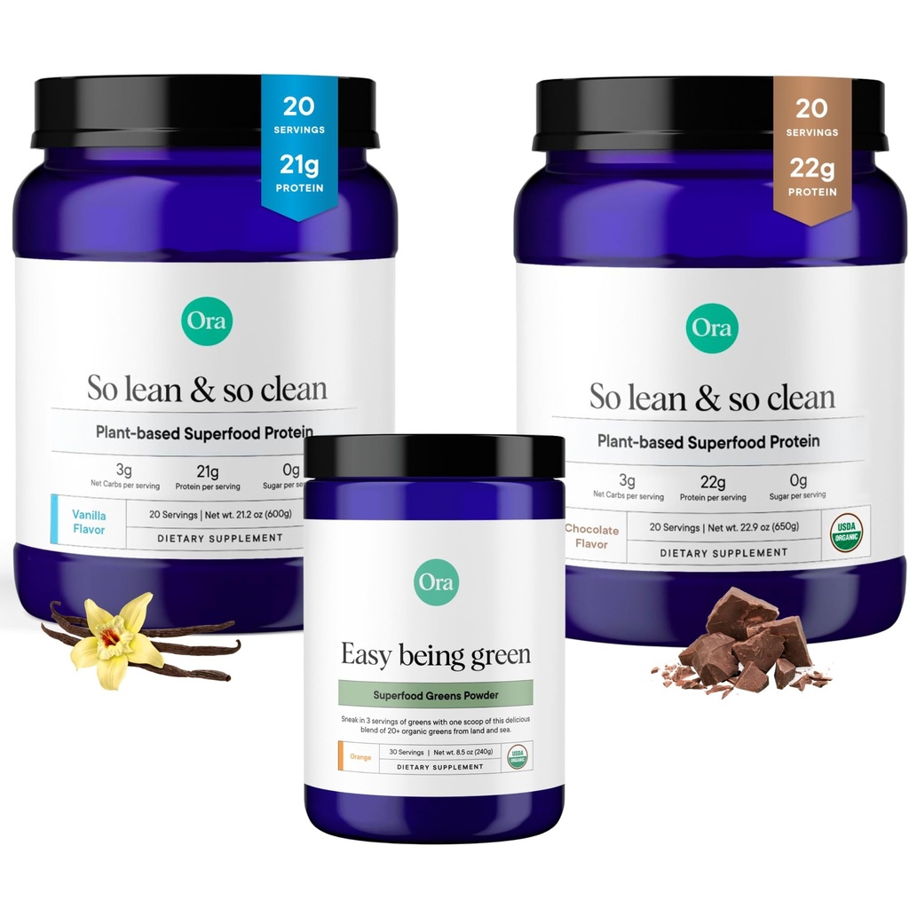 Ora Organic Vegan Protein Powder Chocolate, Vanila & Greens Powder Bundle: 22g Plant Based, Chocolate, 20 portioner + 21g Plant Based, Vanilla, 20 portioner + Organic Super Greens Drink, 30 portioner