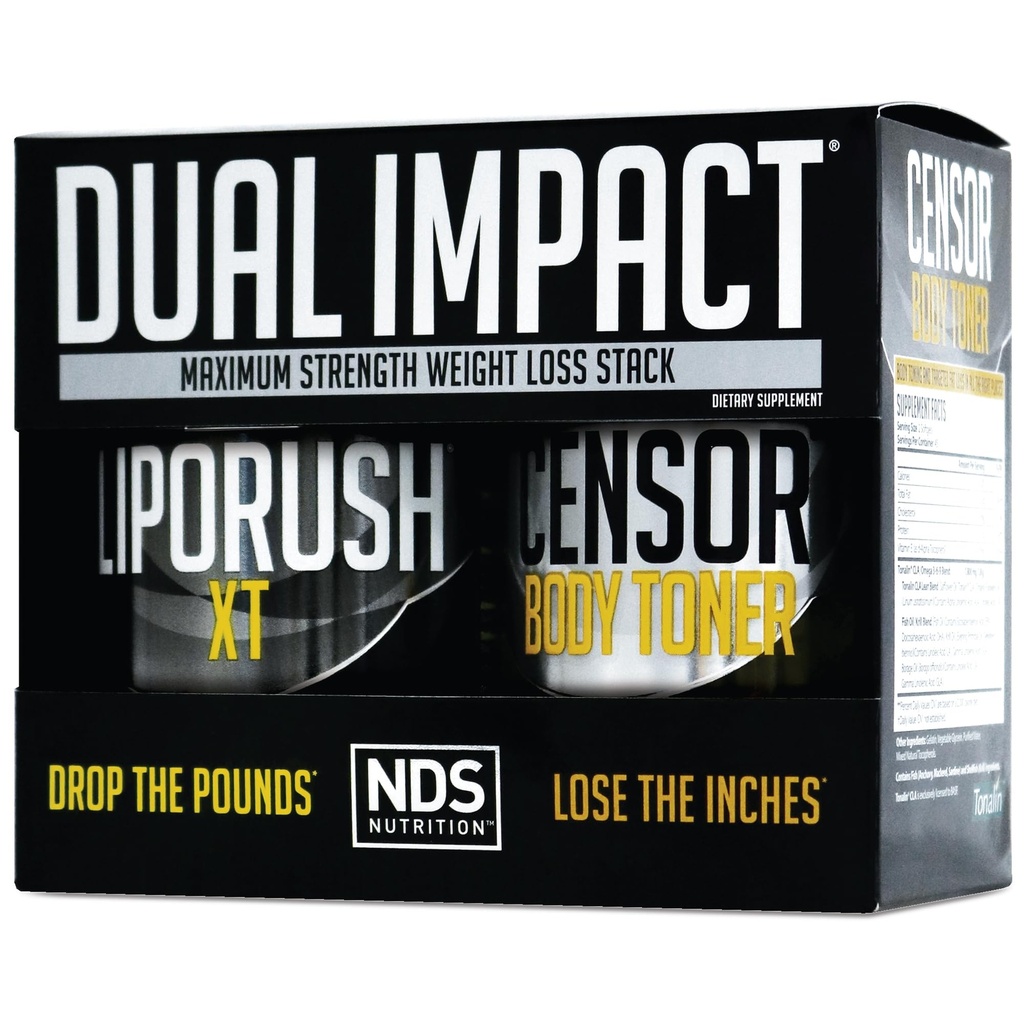 NDS Nutrition Maximal Strength Dual Impact Stack - Kraftfull 2-i-1 Viktminskning Kit kombinerar hög energi Fett-Burning XT Thermogenic med Premium CLA Censor Body Toner (60 Caps & 90 Softgels)
