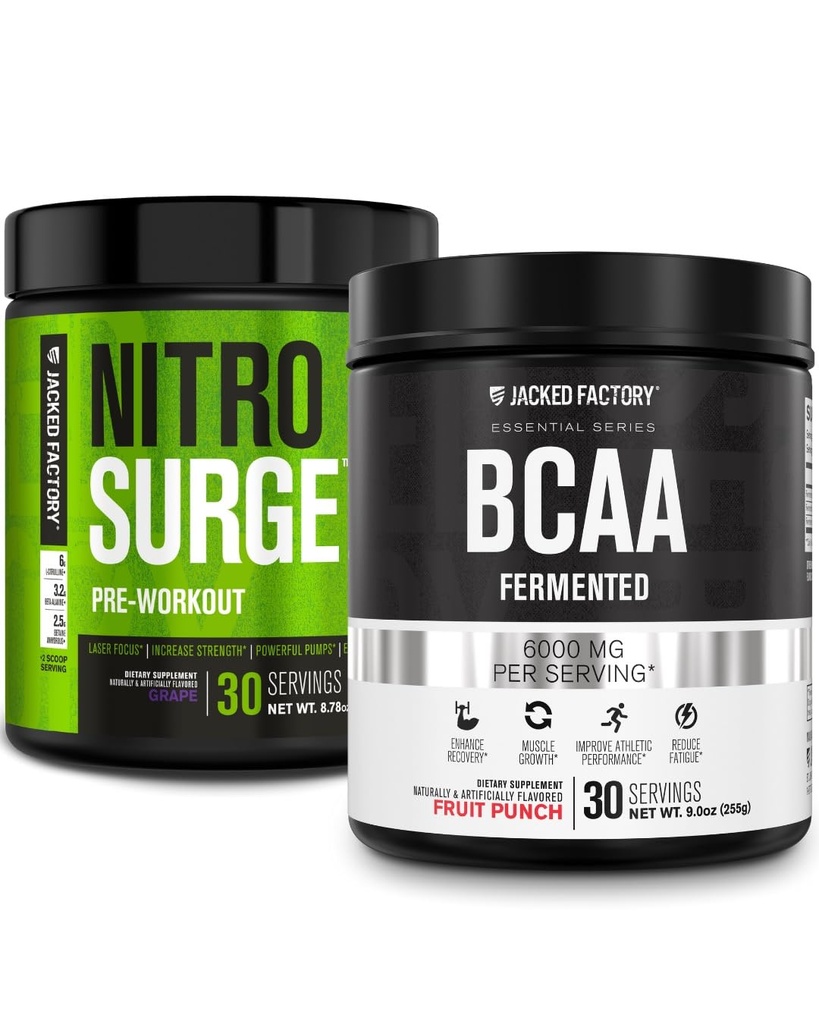 Jacked Factory Nitrosurge Pre-Workout i Grape & BCAA i Fruit Punch för muskelbyggnad och återhämtning