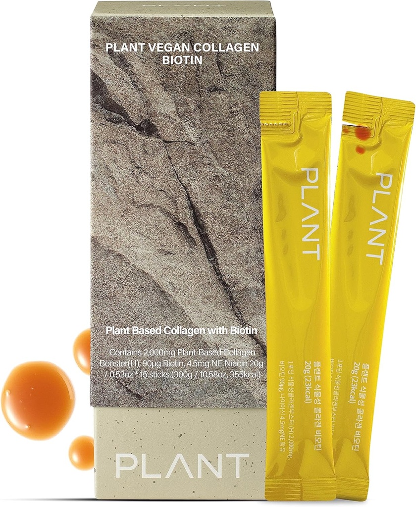 Vegan Collagen med Biotin (15 Sticks) - Plantbaserad Collagen Supplement Liquid, Low-Molecular Collagen Peptides. Koreansk hudvård. citron smaksatt.