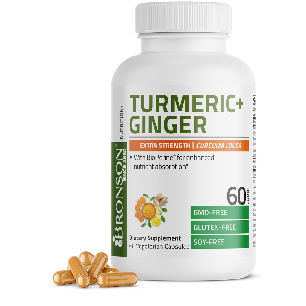 Bronson Turmeric + Ginger Extra Strength Joint Health & Digestion Support med BioPerine, Non-GMO, 60 Vegetariska kapslar