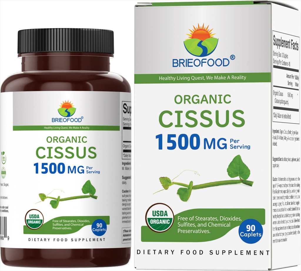 Brieofood Organic Cissus Quadrangularis 1500mg, 45 portioner, vegetariska, glutenfria, 90 vegetariska tabletter