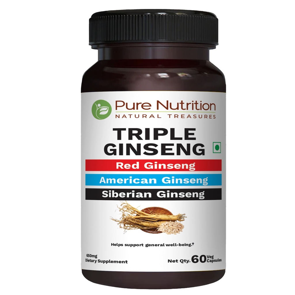 Pure Nutrition Triple Ginseng - en unik och effektiv kombination av Red Ginseng, American Ginseng och Siberian Ginseng. 790 mg per kapsel | 60 Veg Caps Pack