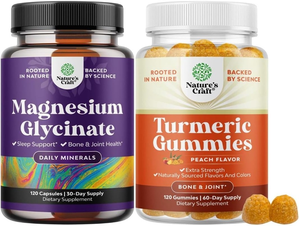 Bundle of Pure Magnesium Glycinate 400mg Per servering för humörsömn och avkoppling och gummies för vuxna persika smak - extra styrka gemensamt stöd