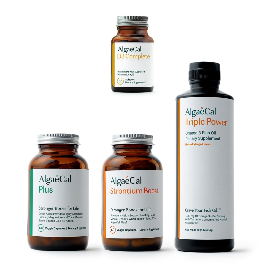 ALGAECAL Ultimate Bone Bundle - D3 Complete (1000 IE) + K2, Vitamin E, Vitamin A & Plant-Based Calcium för ökad bendensitet och Omega 3 Fiskolja med 1200mg EPA DHA