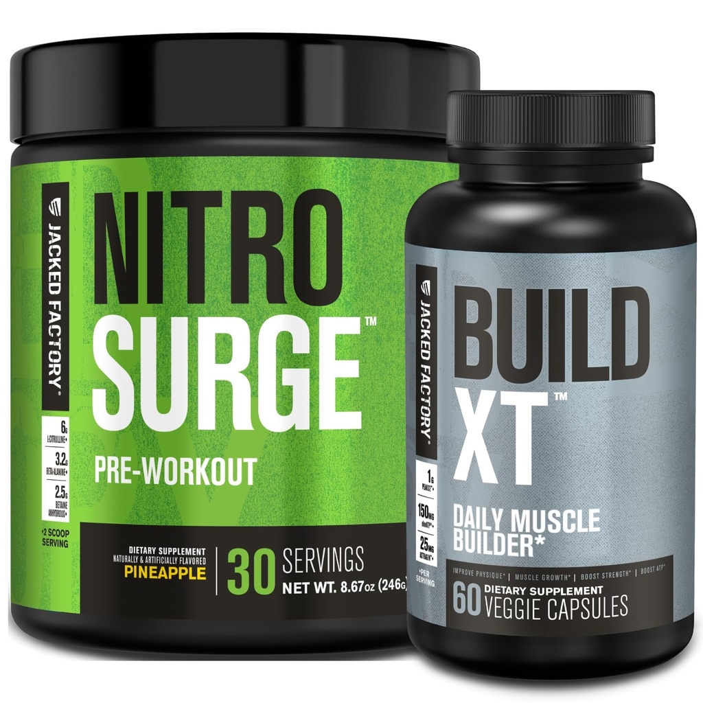 Jacked Factory Nitrosurge Pre-Workout i Pineapple & Build XT Muscle Building Bundle för Män & Kvinnor