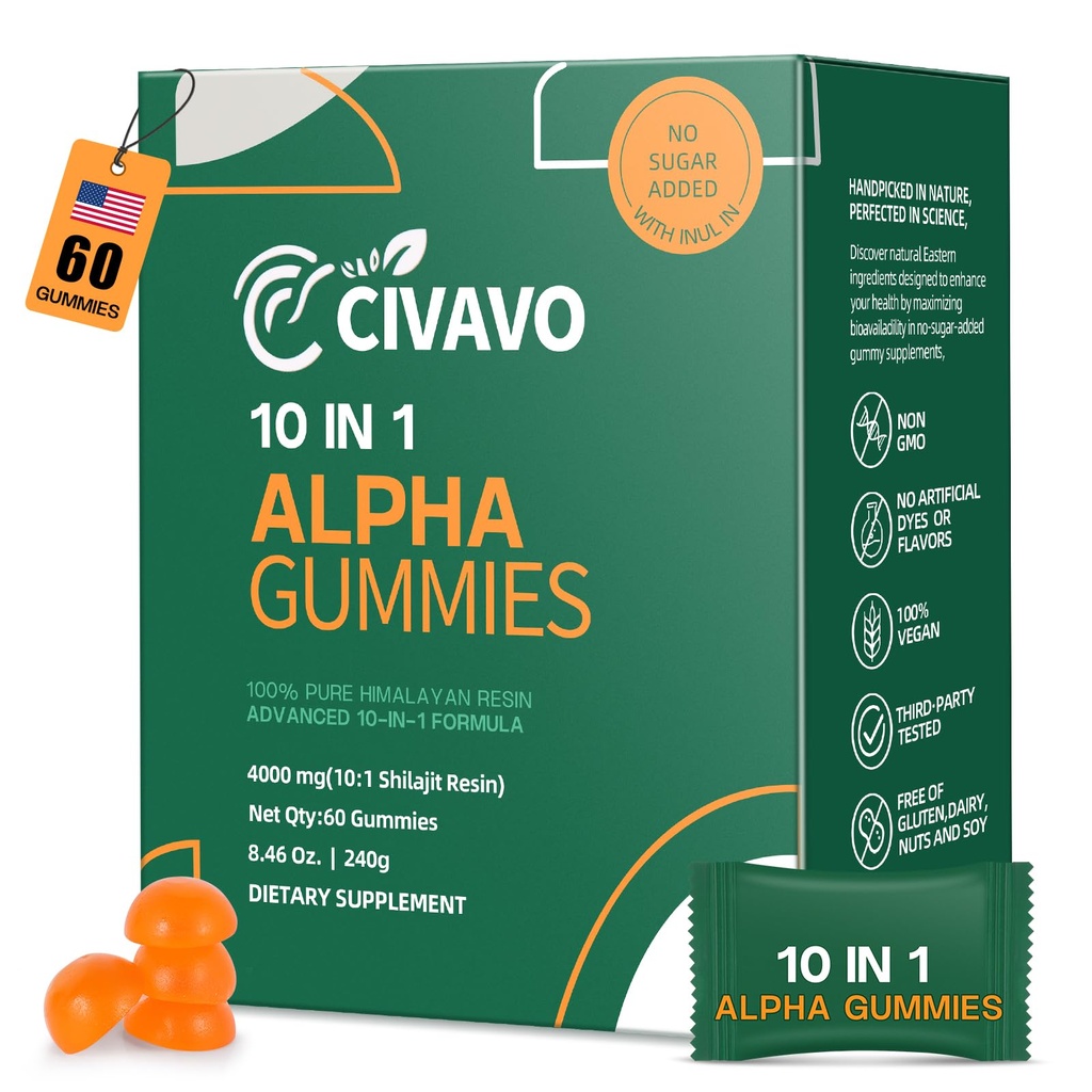 10-in-1 Alpha Shilajit Gummies for Men & Women 4000mg, No Added Sugar,Ashwagandha, Gokshura, Non-GMO, 100% Natural (60 Gummy)