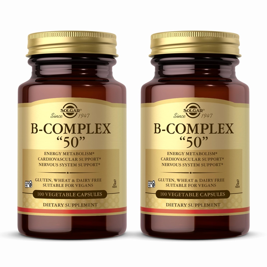 Solgar B-Complex "50" - 100 Vegetable Capsules, Pack of 2 - Energi Metabolism & Nervous System Support - Icke-GMO, Vegan, Gluten Free - 200 Total Servings