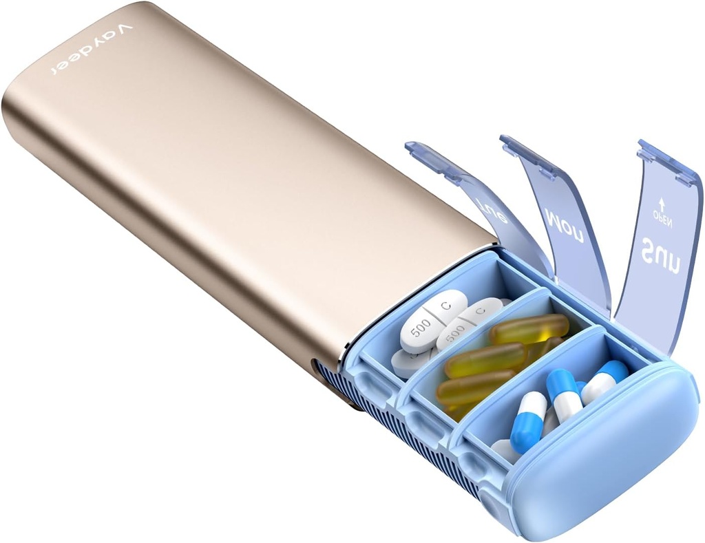 Vaydeer Metal Travel Pill Organizer, 7 Day Weekly Pill Box, Large Capacity Daily Cute Pill Case för kosttillskott, piller, vitaminer och medicinering (liten, champagne)