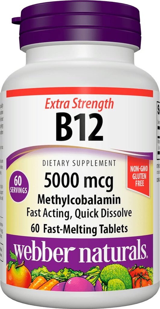 Webber Naturals Vitamin B12 5000 mcg, 60 greve, snabba upp tabletter, Vitamin Supplement Support för energimetabolism, immun och hjärthälsa, vegetarisk formel, 60 dagars leverans