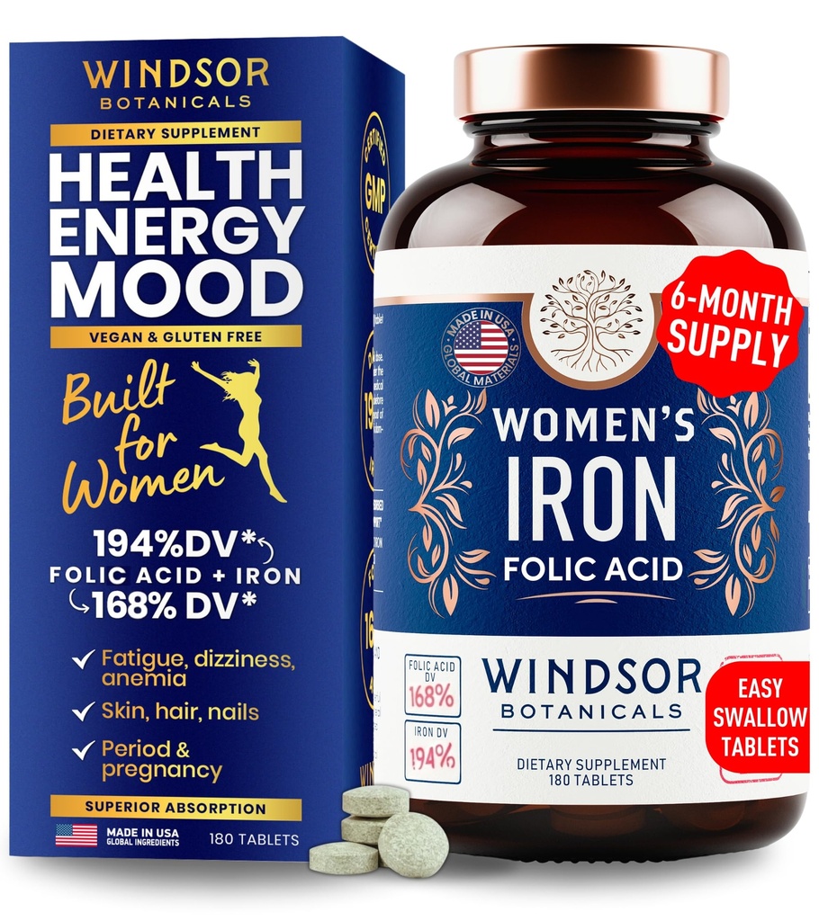 Järn- och folsyratillskott för kvinnor - 35 mg Gentle Iron Vitamin, Folic Acid 400mcg - Anemi, Period, Graviditetssupporttillägg, Ferrous Sulfate Pills - 180 Vegan Non-Constipating Tablets