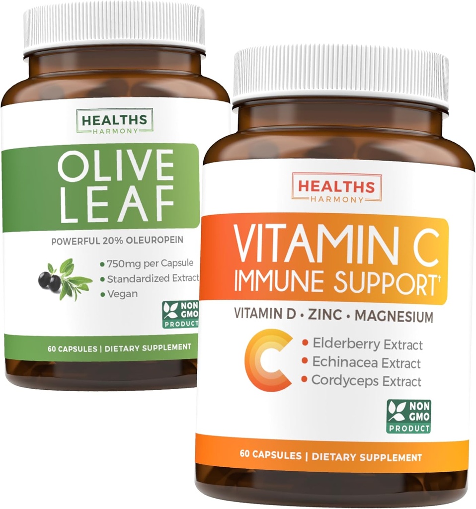 Spara $ 4 (12% rabatt) - Herbal Immune Bundle - Olive Leaf Extract (Non-GMO) Super Styrka: 20% Oleuropein 750mg caps och Immune Support - Vitamin C med Zink, vitamin D, Elderberry & Echinacea (Non-GMO)