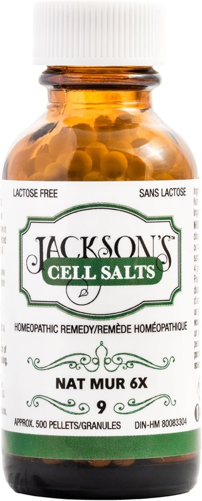 Jacksons #9 Cell Salt NAT Mur 6X (500 Pellet Bottle) - Certified Vegan, Laktosfri Schuessler Tissue Salt Natrum Muriaticum 6X