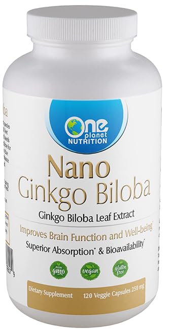 One Planet Nutrition Nano Ginkgo Biloba 250 mg (120 Count) - Nano Particle Sized Ginkgo Biloba Extract for High Absorption - Supports Cognitive & Circulatory Health - Non GMO, Vegan, Gluten Free