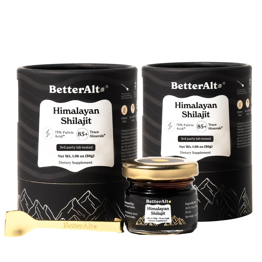 Bättre Alt Pure Himalayan Shilajit Resin Pack med 2 High Potency Gold Grade 150 portioner för energiökning och immunstöd, 85+ Spårmineraler, 75% + Fulvic Acid, med Lab Test Report, 400 mg