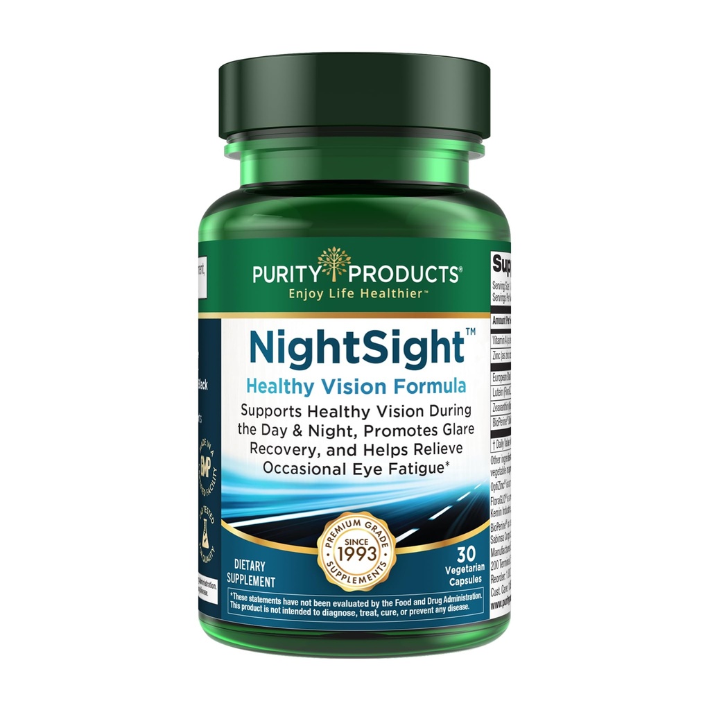 Purity Products NightSight - Healthy Vision Formula - Daily Eye Health & Visual Support Supplement - Helps Reduce Glare & Support Day & Night Vision - for Daily Use - 30 Vegetarian Capsules