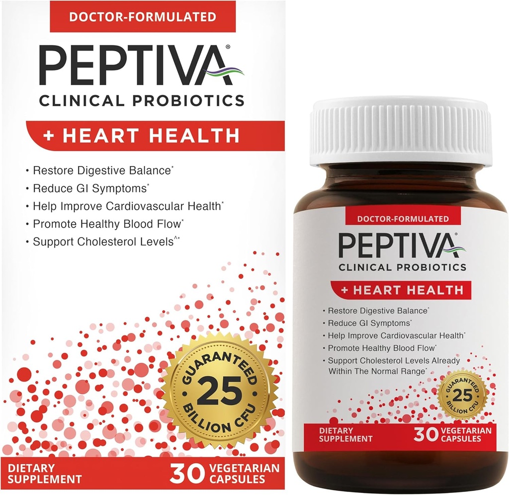 Peptiva Probiotics Heart Health - Heart Health Support Supplement, 25 miljarder CFU, Multi-Strain Probiotic, Lactobacillus Acidophilus, Bifidobacterium, Digestive Support - 30 vegetariska kapslar