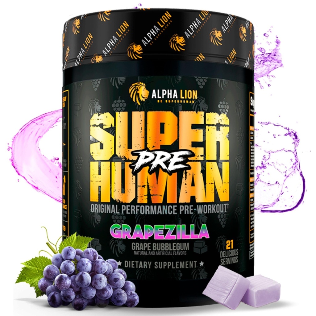 ALPHA LION Superhuman Pre Workout Powder, Beta Alanine, L-Taurine & Tri-Source koffein för hållbar energi och fokus, Nitric Oxide & Citrulline för pump (21 portioner, Grapezilla)