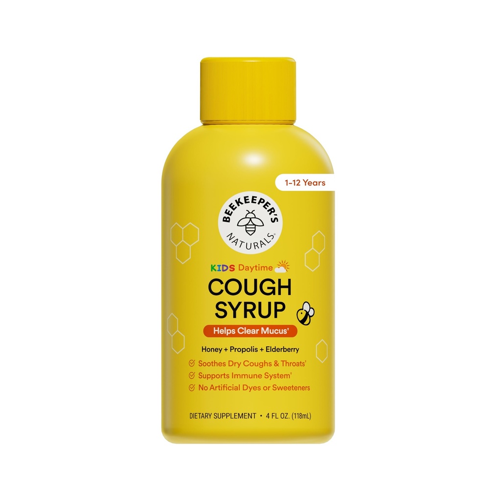 Beekeepers Naturals Propolis Honung Cough Syrup Daytime för barn Immune Support med Elderberry, Vitamin C, Vitamin D & Raw Honey - Throat Soothing - Gluten Free & Clean Ingredients, 4 uns.