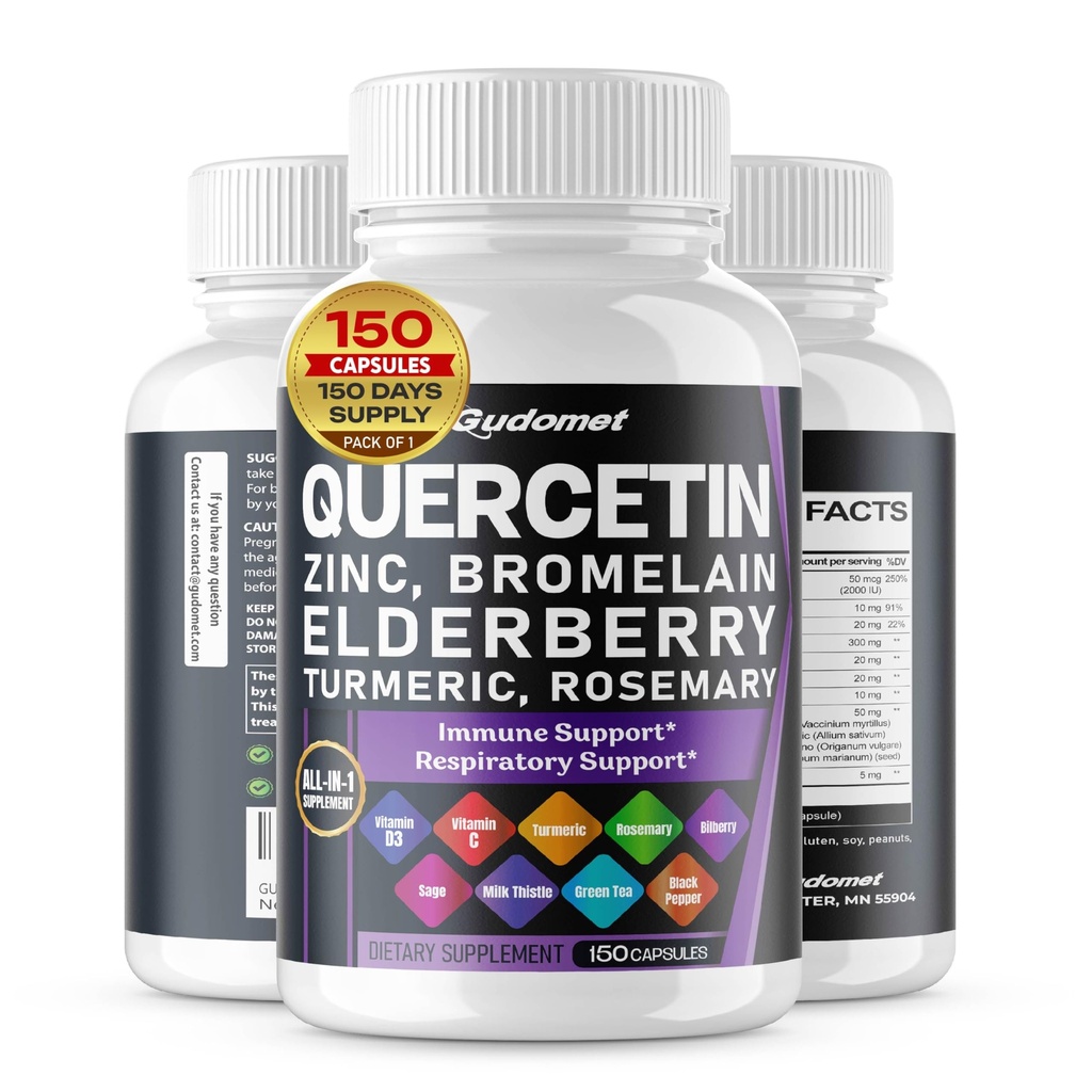 Quercetin Bromelain Zink Vitamin D3 Elderberry Turmeric Rosemary Bilberry Sage Odorless Garlic Green Tea Milk Thistle Oregano -150 Capsules- Made in USA