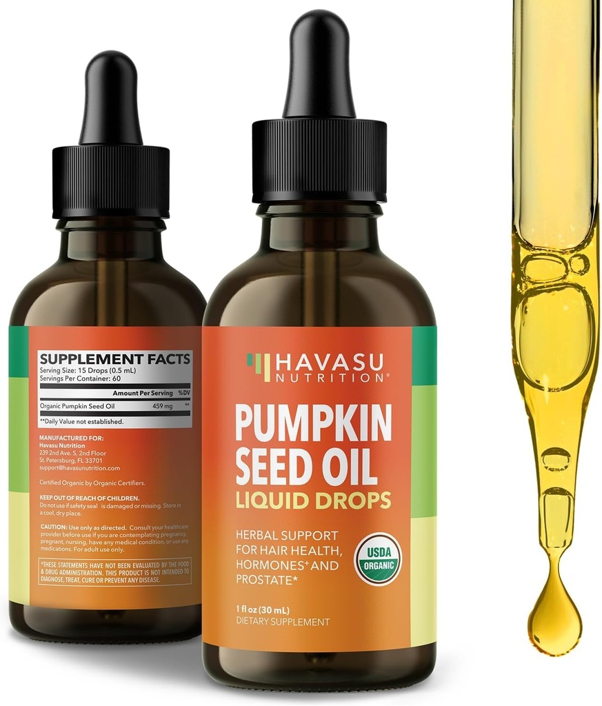 Pumpkin Seed Oil - USDA Organic - Cold Pressed for Hair, Prostate, and Hormone Support - 2 Month Supply - Liquid Drops for Men and Women - Vegan, Non-GMO, and Gluten Free - Unflavored, 1 Fl Oz