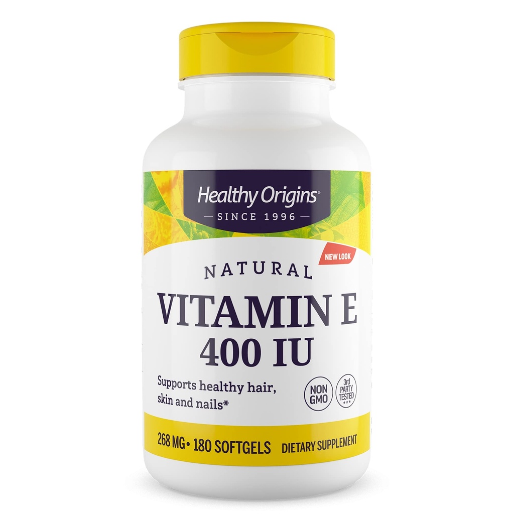 Hälsosamt ursprung Vitamin E 400 IE (Natural, Non-GMO, Gluten Free, Skin Support, Cardiovascular Support), 180 Softgels