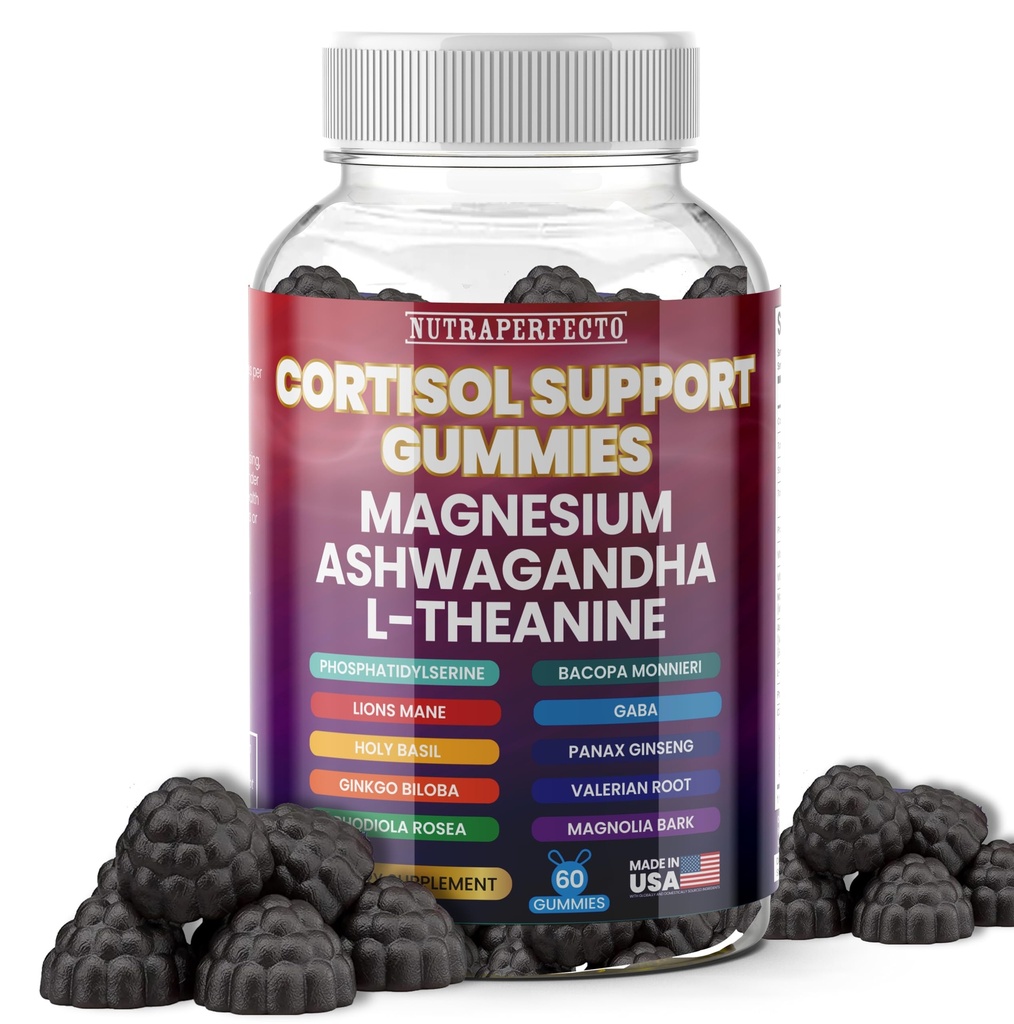 Sugar Free Cortisol Gummies for Women Men with GABA, L-Theanine, Lion’s Mane, Ashwagandha, Phosphatidylserine, Vitamin D3, B6, Panax Ginseng, Ginkgo Biloba Capsules Adrenal, Brain, Cognitive, Energy
