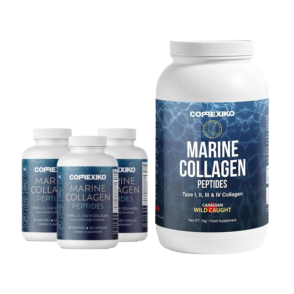 CORREXIKO Marine Collagen Supplement Pills & Powder Bundle 3 Month Supply - Inkluderar 10,000mg Double Hydrolyzed Collagen Powder 1kg & 1800mg Collagen Peptides 360 Capsules - för hår, hud och naglar