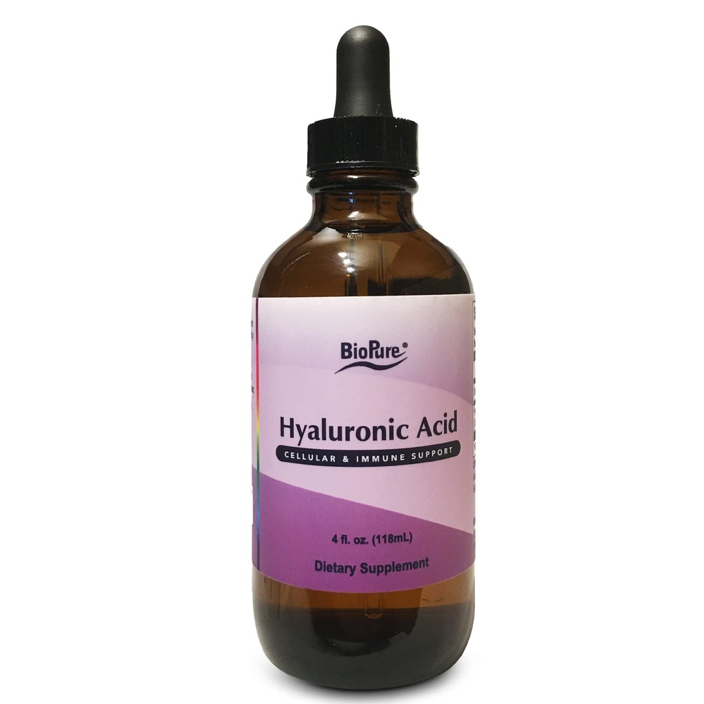 BioPure Hyaluronic Acid Liquid Solution - All naturlig, hög biotillgänglig form av hyaluronsyra för oral och aktuell användning för att gynna gemensam smörjning och hudhydrering, elasticitet - 4 fl oz