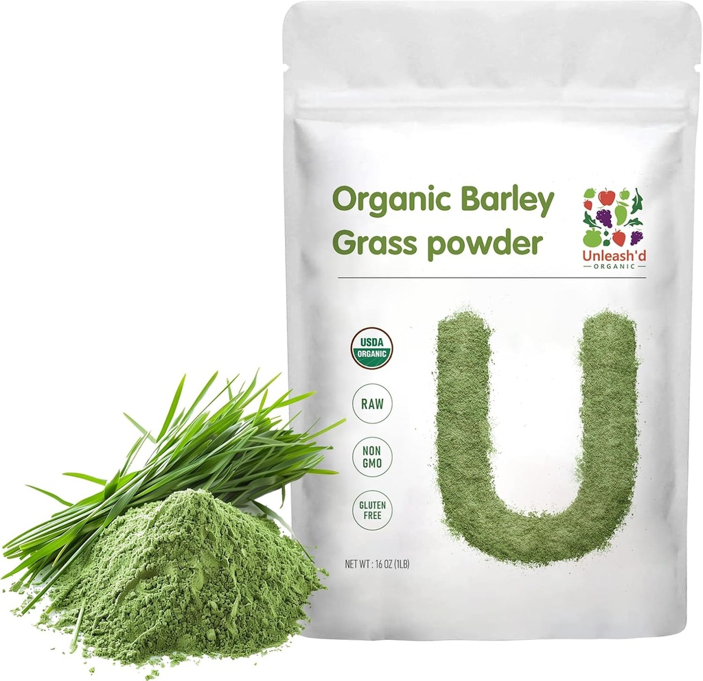 UNLEASH'D ORGANIC Barley Grass Powder 1 pund 100% ren och organisk, Superfood Greens Rich i vitaminer, mineraler, fibrer och antioxidanter