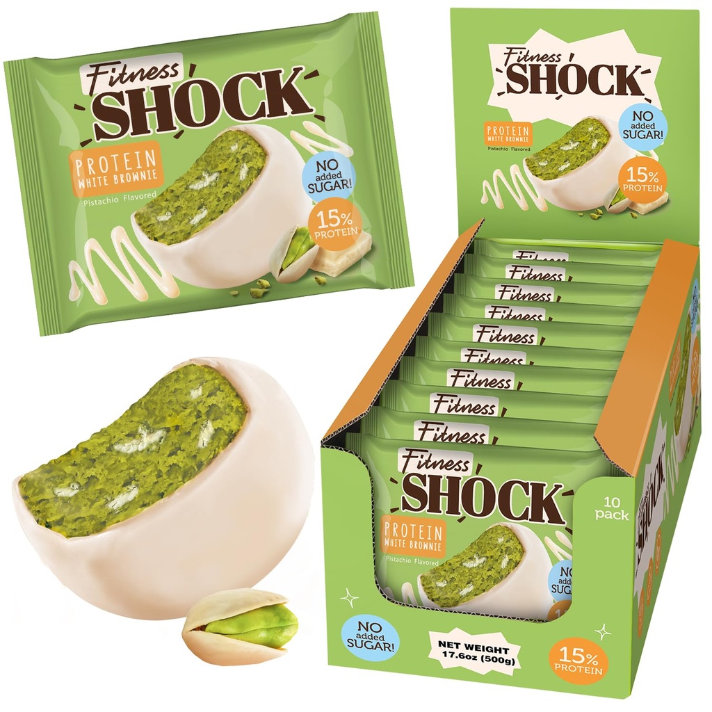 FitnesSHOCK Pistachio White Chocolate Protein Brownie – Low Sugar Dessert Snack (2g Total Sugar, No Added Sugar) – Healthy Snack – 10 Count