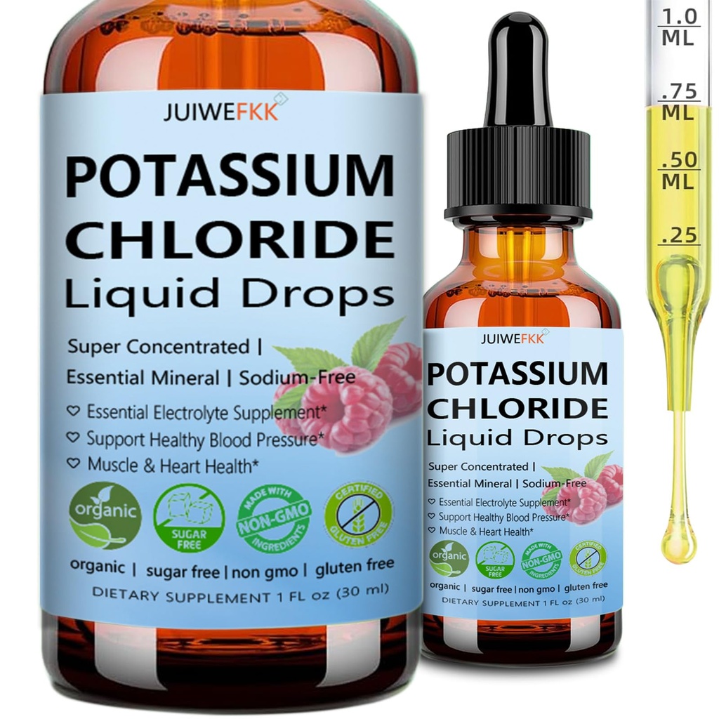Potassium Chloride Liquid Drops, Highly Absorbable Potassium Salt Substitute, Liquid Potassium 99 mg Supplement for Electrolyte Fluid Balance Muscle Heart Blood Pressure Health Non-GMO, 30 Serving