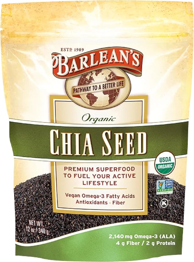 Barlean's Organic Chia Seeds with 2,140 mg Omega 3 Fatty Acids, Fiber Supplement for Whole Chia Seed for Smoothies, Non-GMO Certified, 12 oz