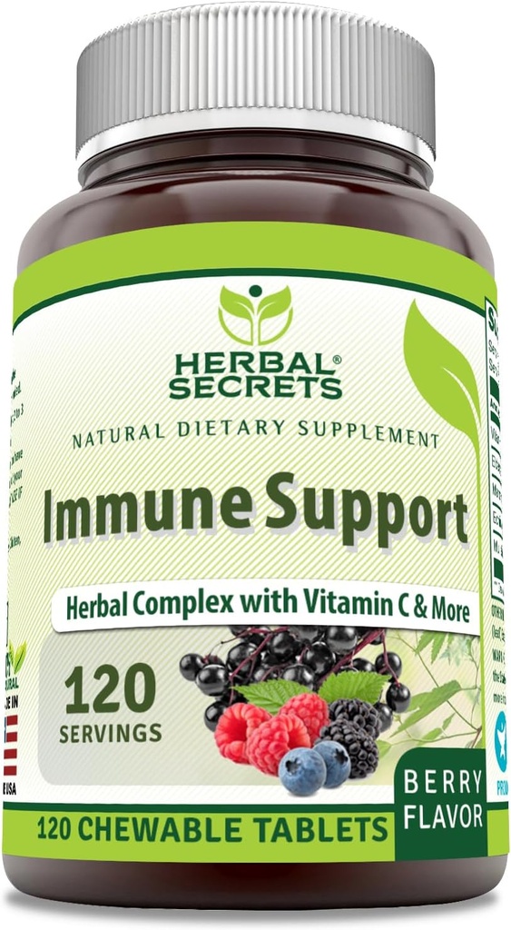 Herbal Secrets Immune Support med vitamin C & Elderberry | Berry Flavor Chewable Tablets | 120 greve | Icke-GMO | Glute-Free | Made in USA