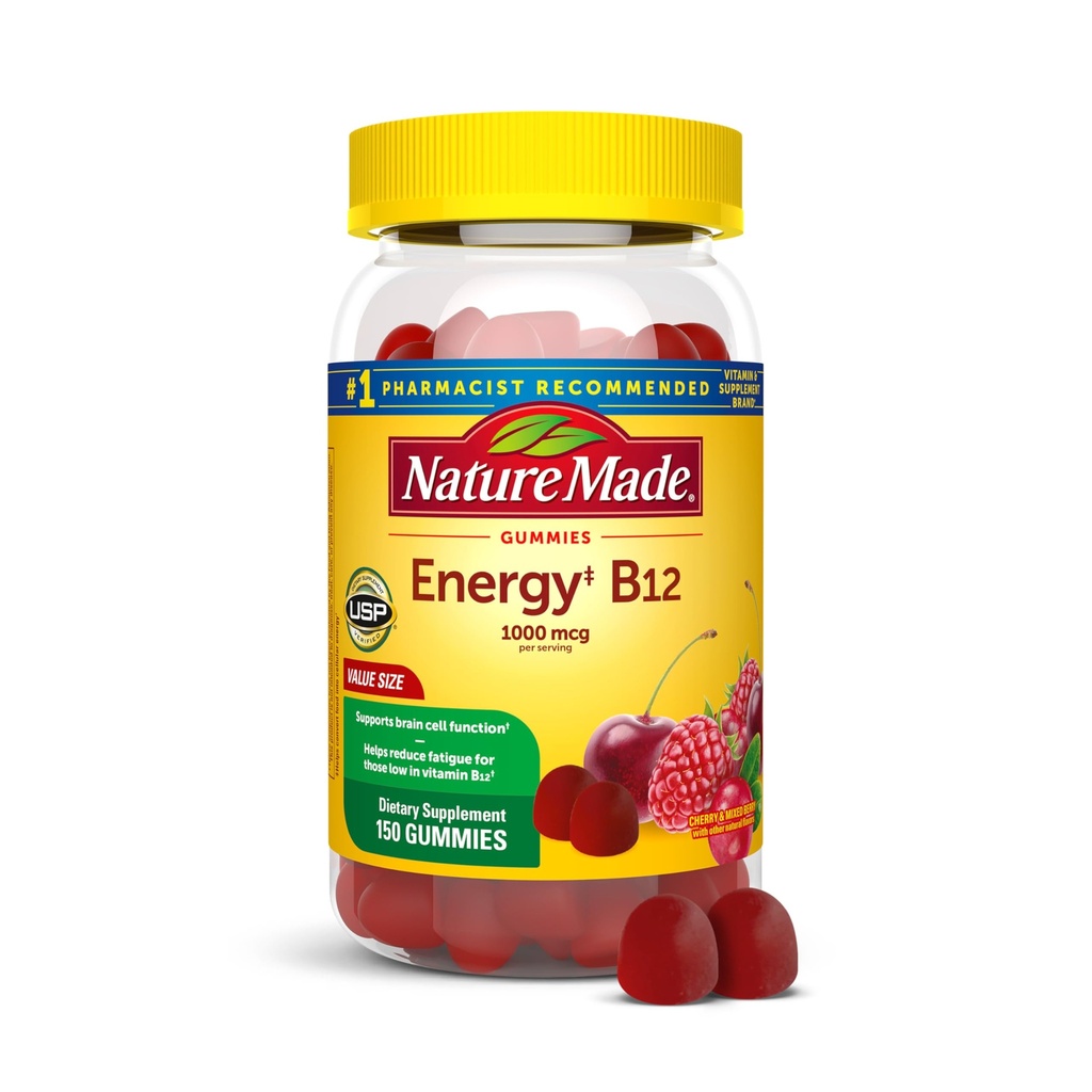 Nature Made Vitamin B12 Gummies 1000 mcg per portion, Dietary Supplement for Energy Metabolism Support, B12 Vitamins, 150 Gummy Vitamins, 75 Day Supply