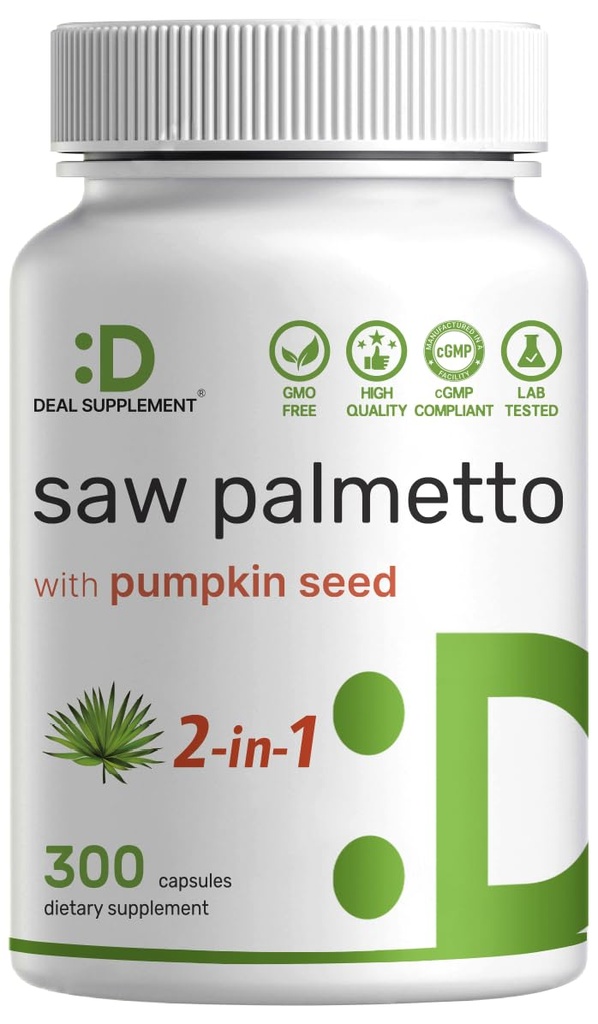 Såg Palmetto Supplement med Pumpkin Seed, 300 kapslar | Främjar Prostate Health | DHT Blocker | Hårtillväxt Vitaminer, Håll Normal Urinär Frekvens