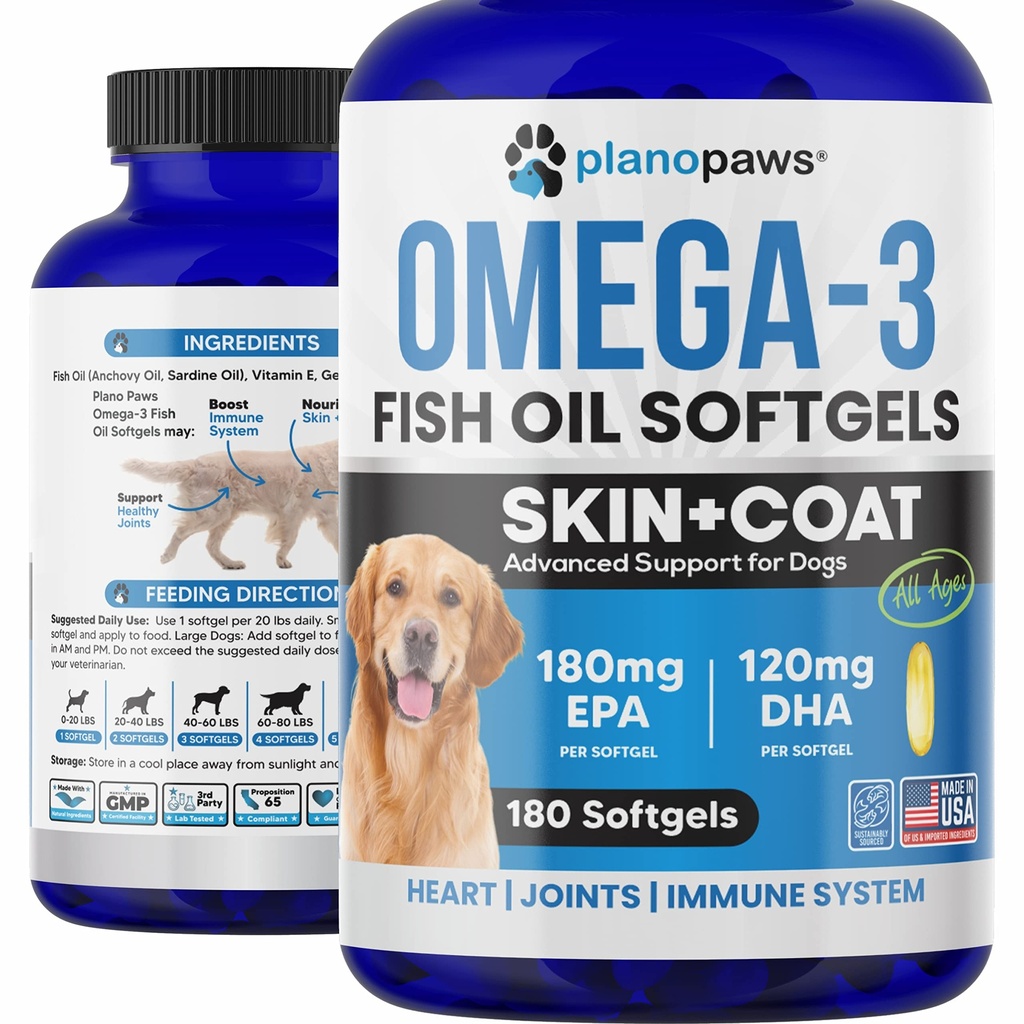 Omega 3 fiskolja för hundar kapslar - laxolja för hundar - hund fiskoljetillskott kan hjälpa till att kasta, allergi, kläckning - stödja torr hud, gemensamma - hund hud och kosttillskott - 180 fiskoljepiller