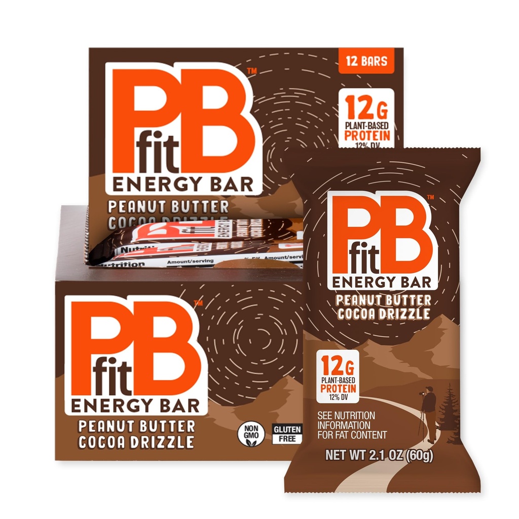 PBfit Peanut Butter Cocoa Drizzle Energy Bars, 12g Protein, 5g Fiber, Gluten Free, Vegan, Plant-Based, Non-GMO, 2.1 Oz (Pack of 12)