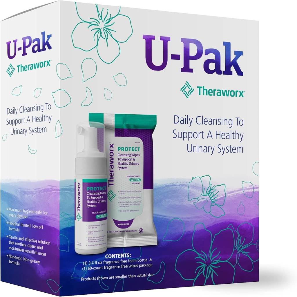 Theraworx skyddar U-Pak 60-Ct Wipes & Hygiene Foam 3.4 oz för urinhälsa (Pack av 1)