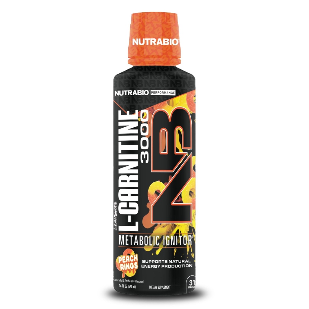 NutraBio - L-Carnitine Liquid Shots - 3000mg, (Peach Rings) - 10mg Vitamin B-5 - Zero Carbs & Sugars - Energiproduktion - Muscle Recovery
