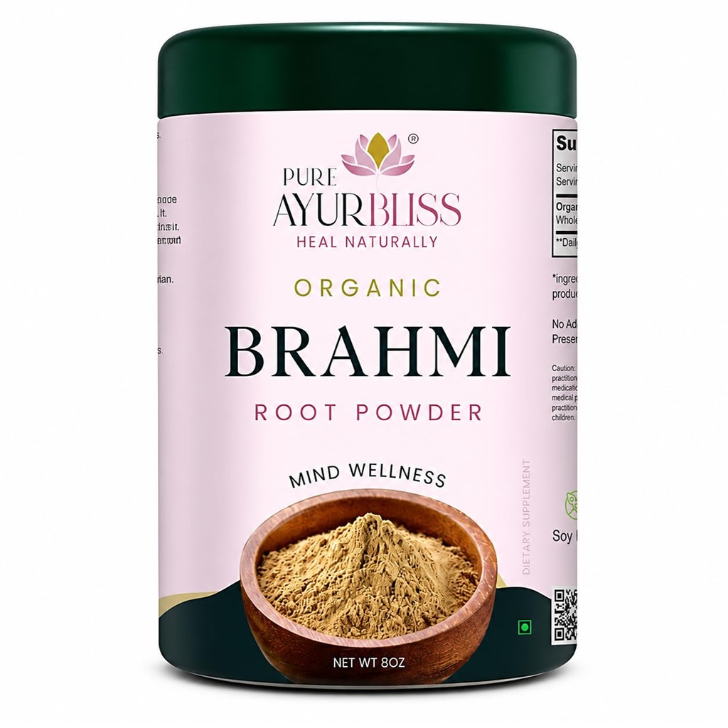 100% Organic Brahmi Powder, Ayurvedic Bacopa Monnieri for Memory, Focus and Nervous System Care, Nootropic Brain Support Blend for Cognitive Wellness, Gut Balance - 8oz Tin Box