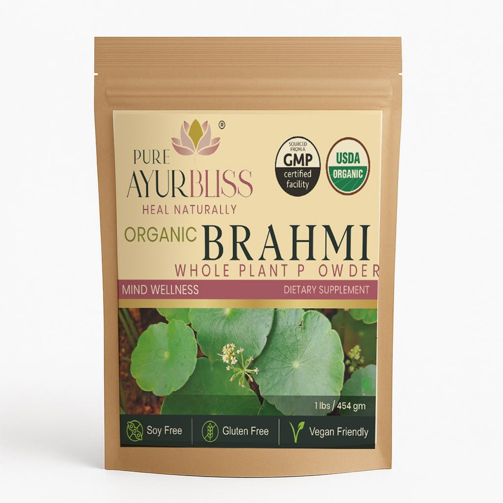 100% Organic Brahmi Powder, Ayurvedic Bacopa Monnieri for Memory, Focus and Nervous System Care, Nootropic Brain Support Blend for Cognitive Wellness, Gut Balance, 16oz