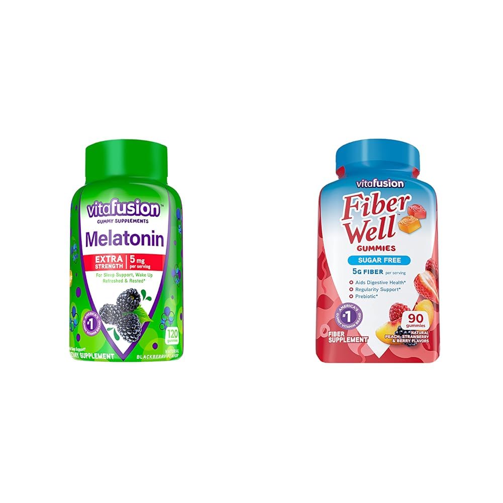 Vitafusion Extra Strength Melatonin Gummy Vitamins, 5mg, 120 ct Gummies & Fiber Well Sugar Free Fiber Supplement, Peach, Strawberry och BlackBerry Flavored Supplements, 90 Count