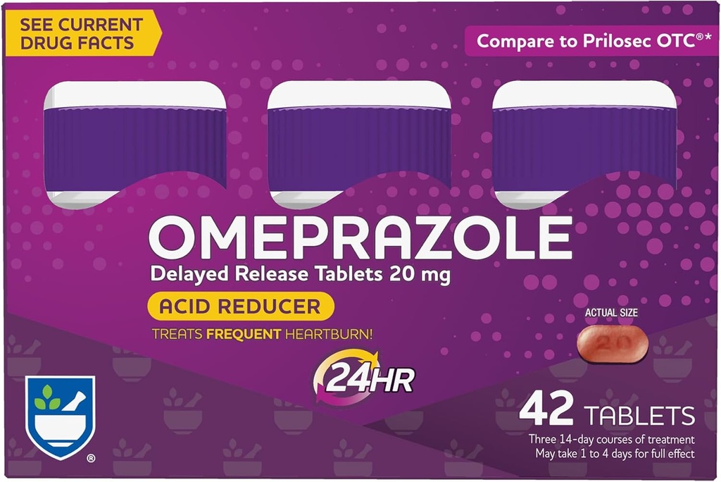 Rite Aid Acid Reducer Omeprazole Delayed Release Tablets - 20 mg, 3 flaskor, 14 greve varje (42 greve Total), Osmakad, Heartburn Relief, Heartburn Medicine, behandlar Frequent Heartburn