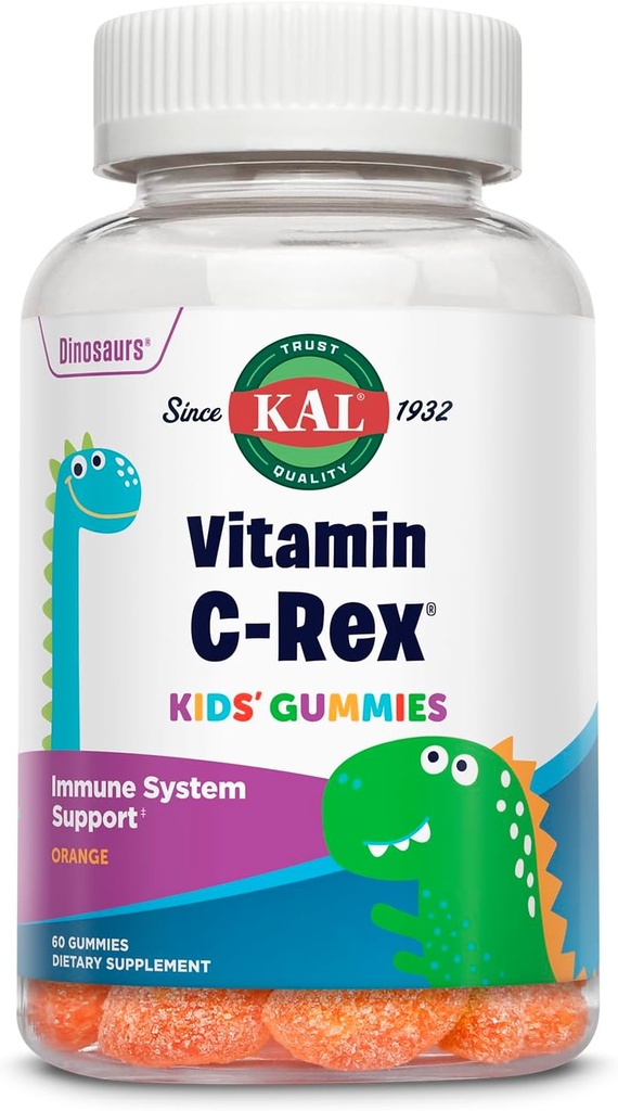 KAL Vitamin C-Rex Kids' Gummies, Vitamin C Gummies for Kids, Healthy Immune, Bone, Muscle & Skin Support Vitamin C Gummy, Vegan, Gluten Free, 60 Day Money Back Guarantee, 30 Servings, 60 Gummies
