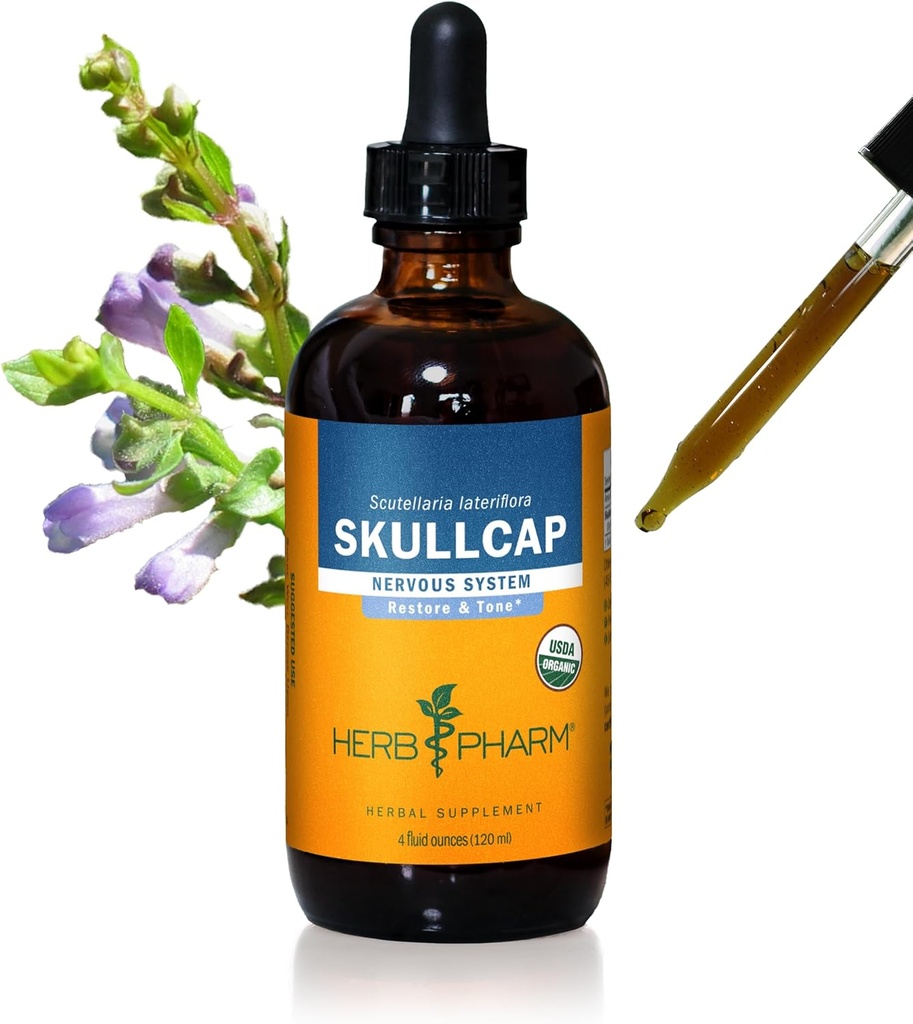 Herb Pharm Certified Organic Skullcap Liquid Extract för Nervous System Support, Organic Cane Alcohol, 4 Ounce
