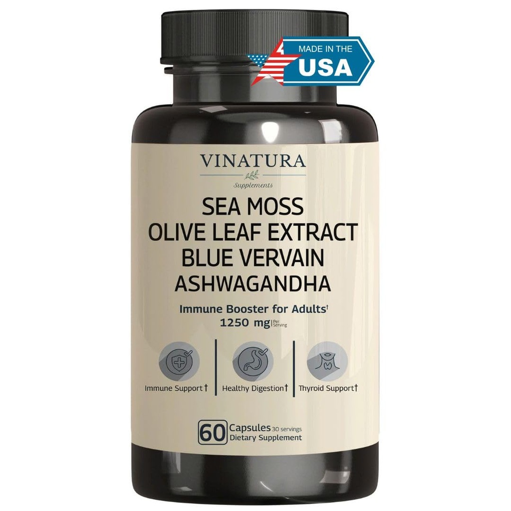 VINATURA Organic Sea Moss, Blue Vervain - med Black Seed Oil, Ashwagandha, Ginger, Burdock Root Capsules - 1250mg per servering, *USA Made &Tested * Immune Booster för vuxna
